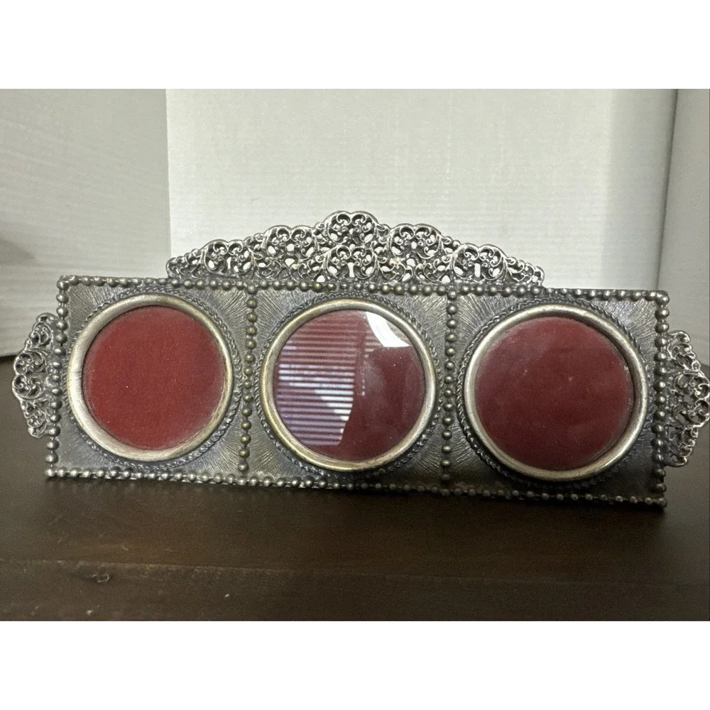 Vtg PEWTER Mini Silver Oval Ornate Floral Design Triple Photo Picture Frame 2